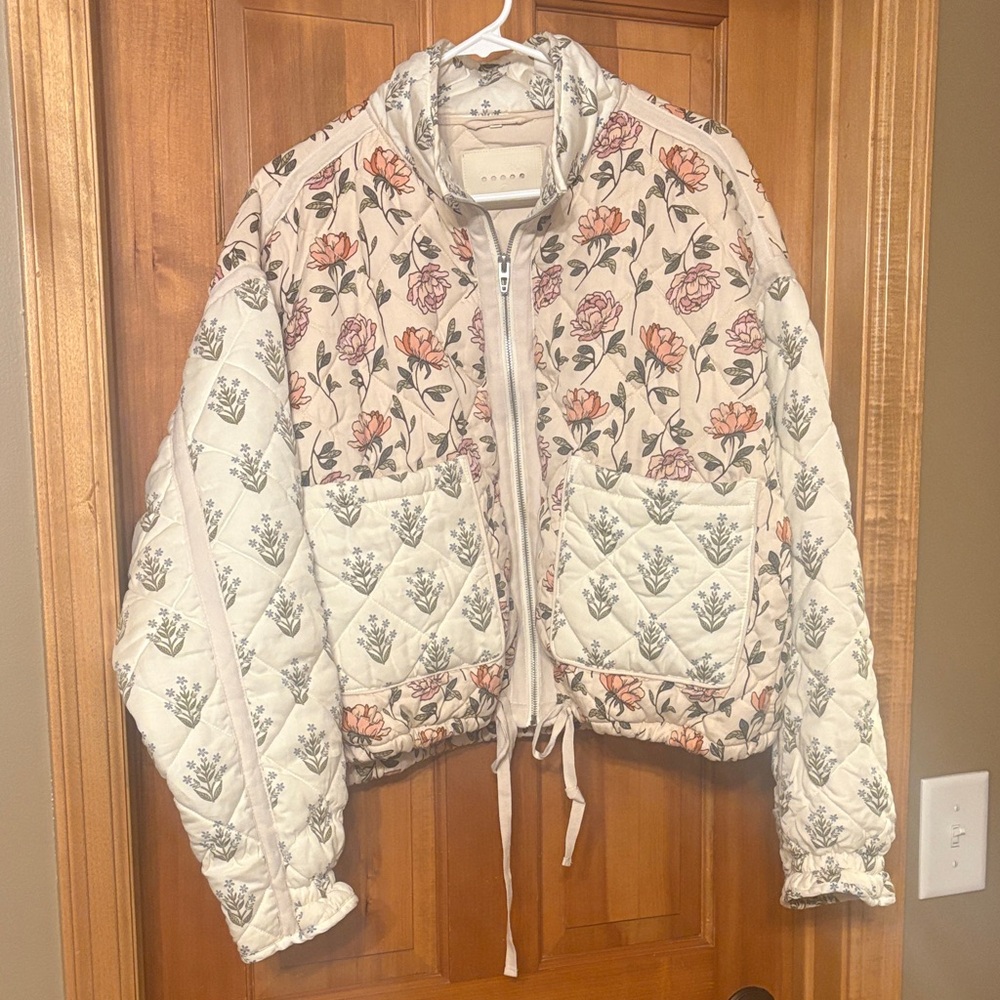 Blank NYC Floral Quilted Puffer Jacket - Cream and Pink